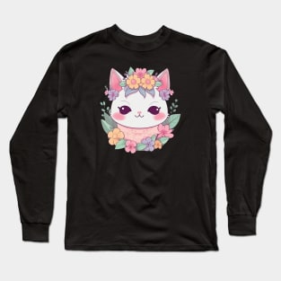 Cat cute kawaii with a flower crown Long Sleeve T-Shirt